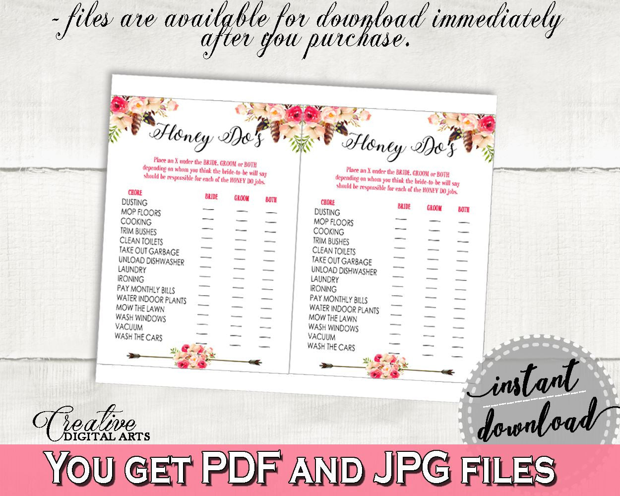 Pink And Red Bohemian Flowers Bridal Shower Theme: Honey Do List - honey do's bridal, shabby chic, pdf jpg, printables, prints - 06D7T - Digital Product