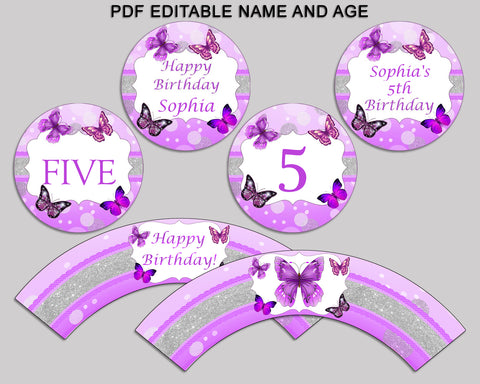 Printable Butterfly Cupcake Wrapper Butterfly Birthday Toppers Purple White Birthday Pics Girl OHI62