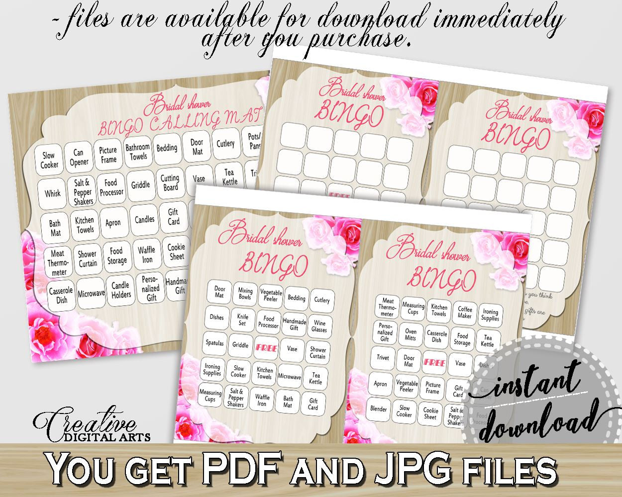 Pink And Beige Roses On Wood Bridal Shower Theme: Bingo 60 Cards - amusement, wooden theme bridal, party decor, paper supplies - B9MAI - Digital Product