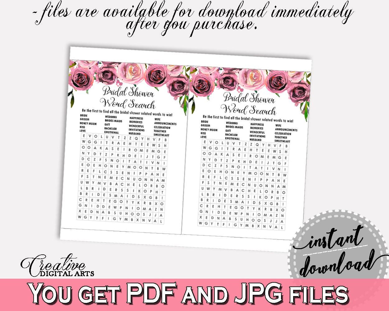 Word Search Bridal Shower Word Search Floral Bridal Shower Word Search Bridal Shower Floral Word Search Pink Purple printable files - BQ24C - Digital Product