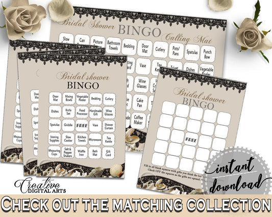 Brown And Beige Seashells And Pearls Bridal Shower Theme: Bingo 60 Cards - bingo game, nautical theme, party planning, party stuff - 65924 - Digital Product