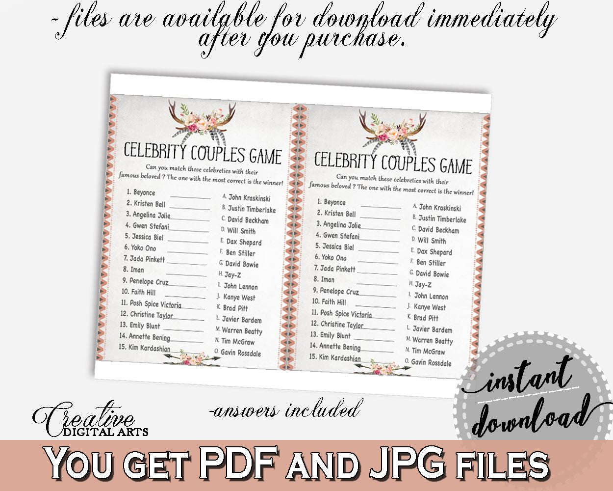 Celebrity Couples Game in Antlers Flowers Bohemian Bridal Shower Gray and Pink Theme, guess celebrity, grey pink, party stuff - MVR4R - Digital Product