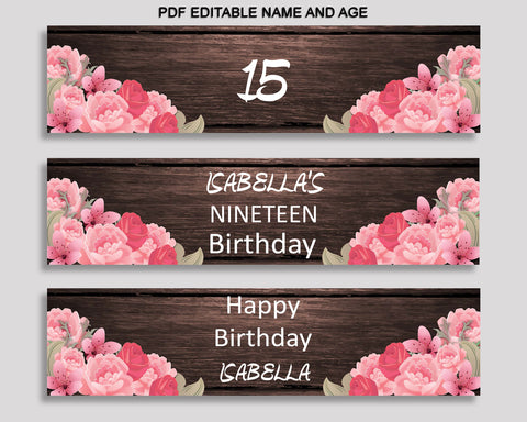 Rustic Bottle Labels Pink Brown Editable Wraps Rustic Birthday Labels Rustic Bottle Wraps Girl OE0W8