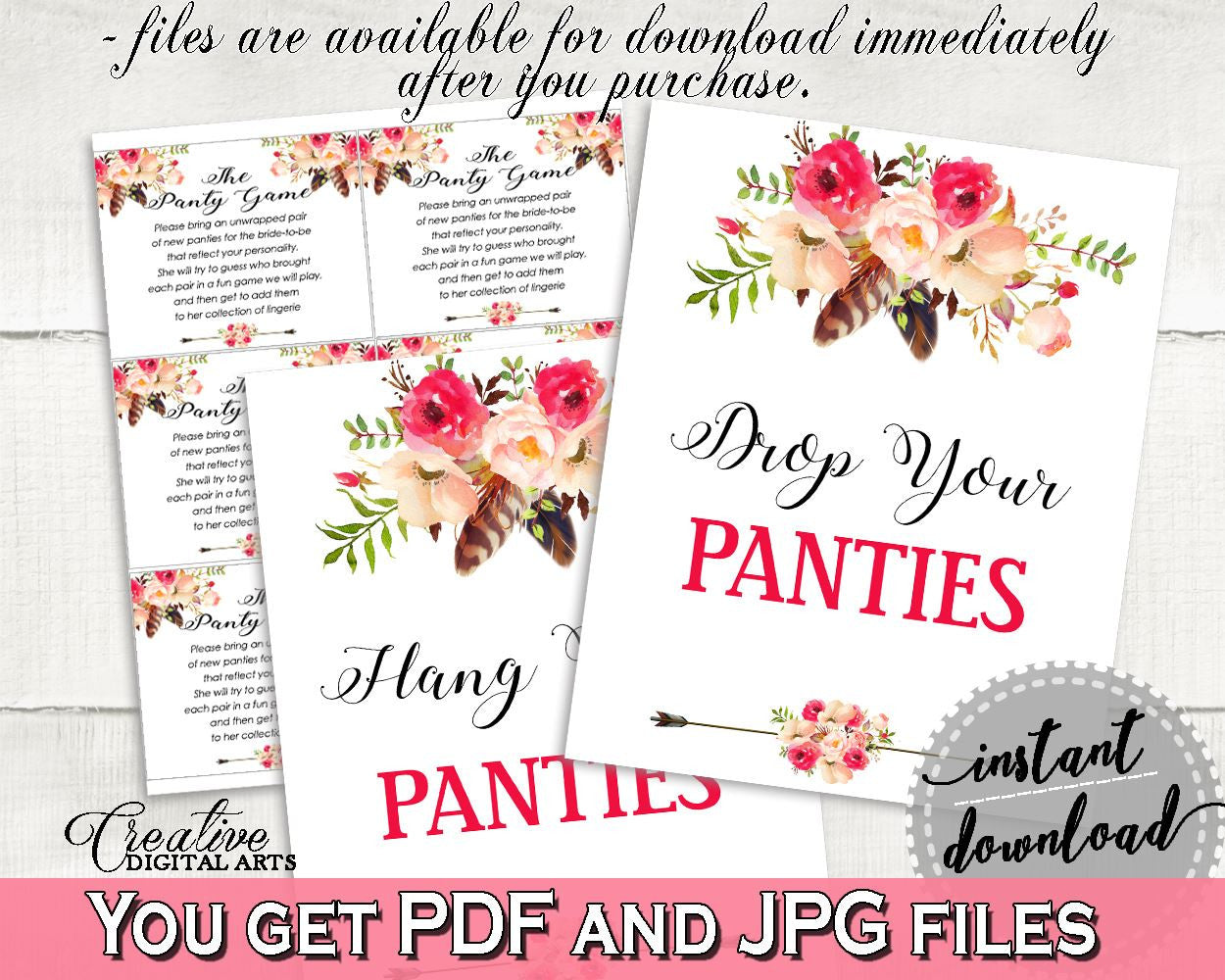 Bohemian Flowers Bridal Shower Drop Your Panties in Pink And Red, underwear game, feathers theme, party organizing, party plan - 06D7T - Digital Product