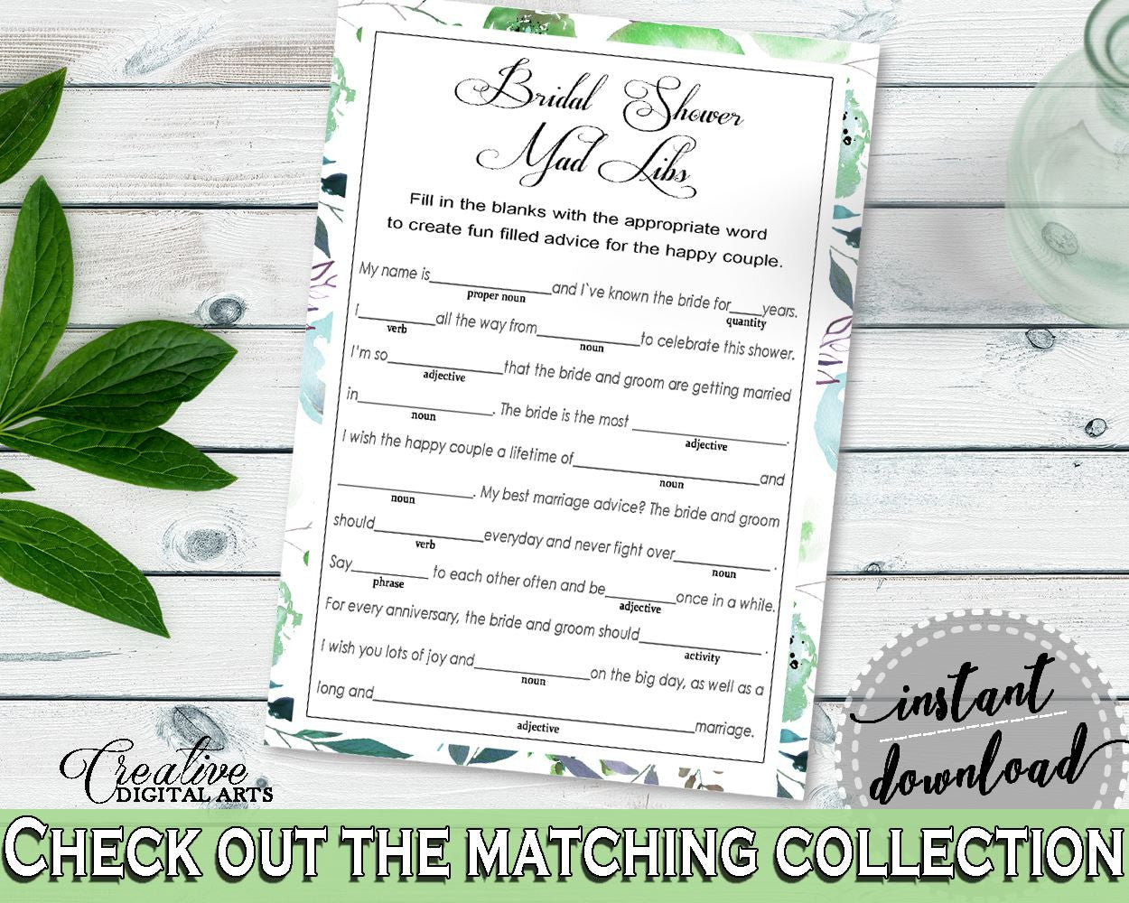 Mad Libs Bridal Shower Mad Libs Botanic Watercolor Bridal Shower Mad Libs Bridal Shower Botanic Watercolor Mad Libs Green White 1LIZN - Digital Product