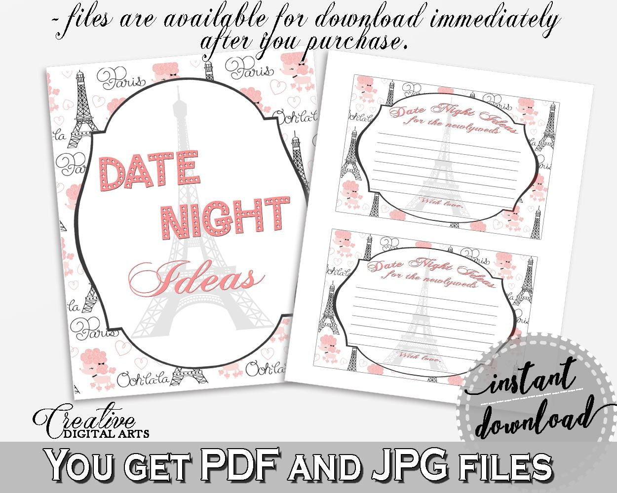 Date Night Ideas in Paris Bridal Shower Pink And Gray Theme, date idea notecards, french bridal shower, party décor, party ideas - NJAL9 - Digital Product