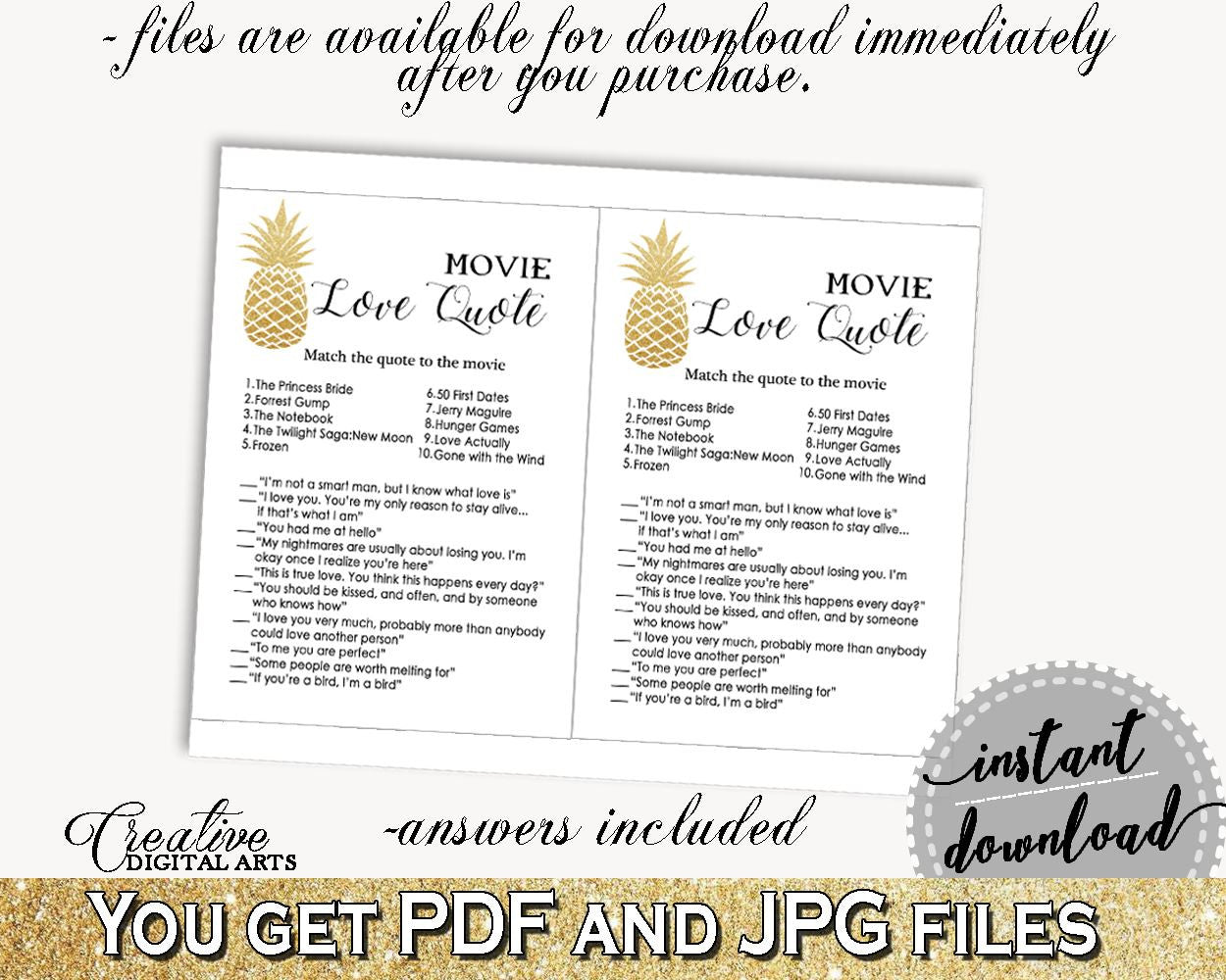 Movie Love Quote Game Bridal Shower Movie Love Quote Game Pineapple Bridal Shower Movie Love Quote Game Bridal Shower Pineapple Movie 86GZU - Digital Product