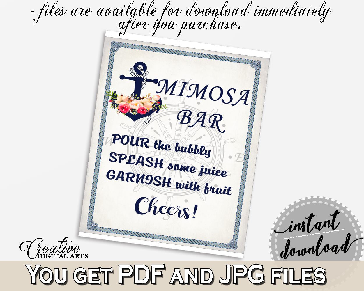 Navy Blue Nautical Anchor Flowers Bridal Shower Theme: Mimosa Bar Sign - splash juice, mermaid bridal, printable files, party theme - 87BSZ - Digital Product