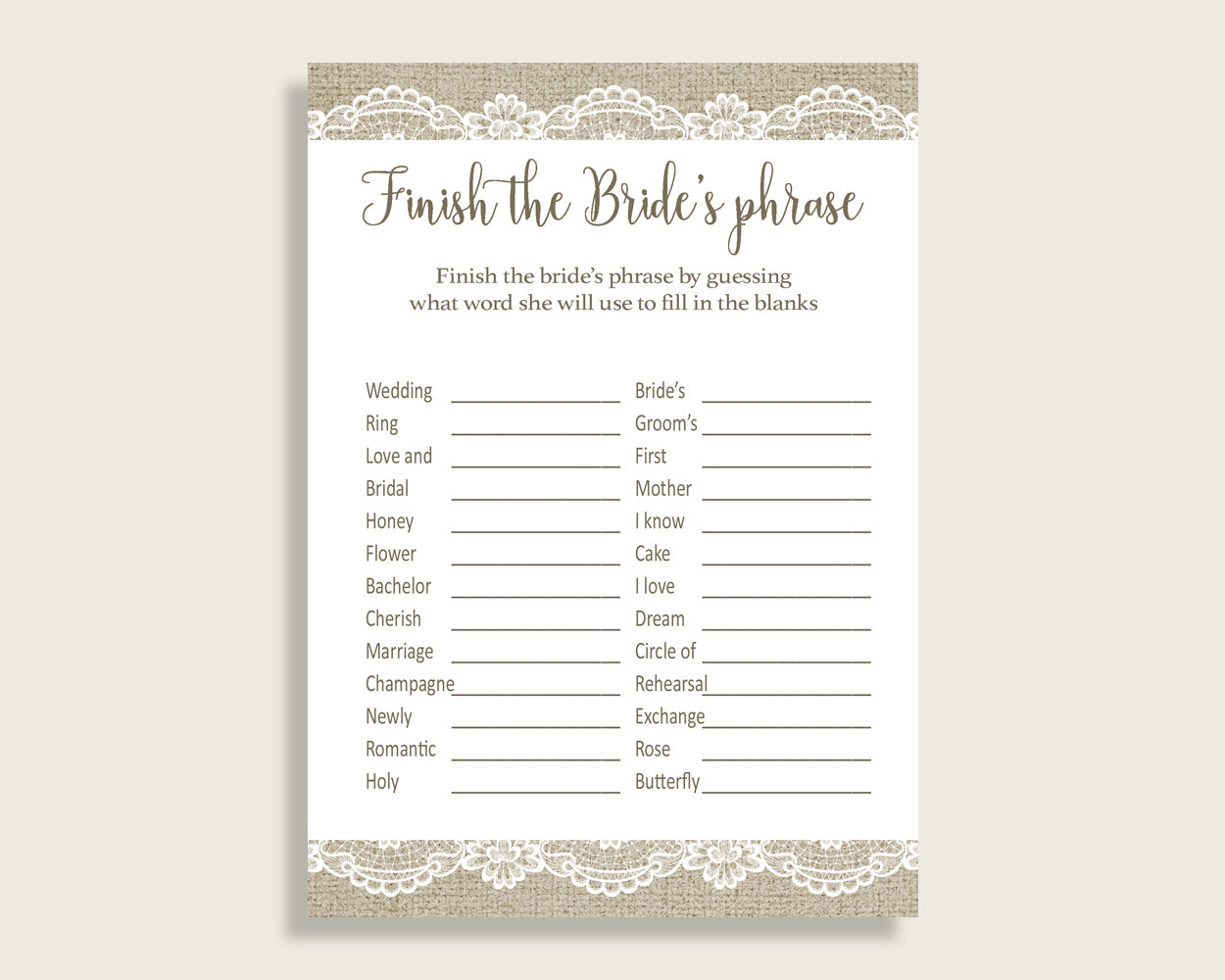 Finish The Phrase Bridal Shower Finish The Phrase Burlap And Lace Bridal Shower Finish The Phrase Bridal Shower Burlap And Lace Finish NR0BX