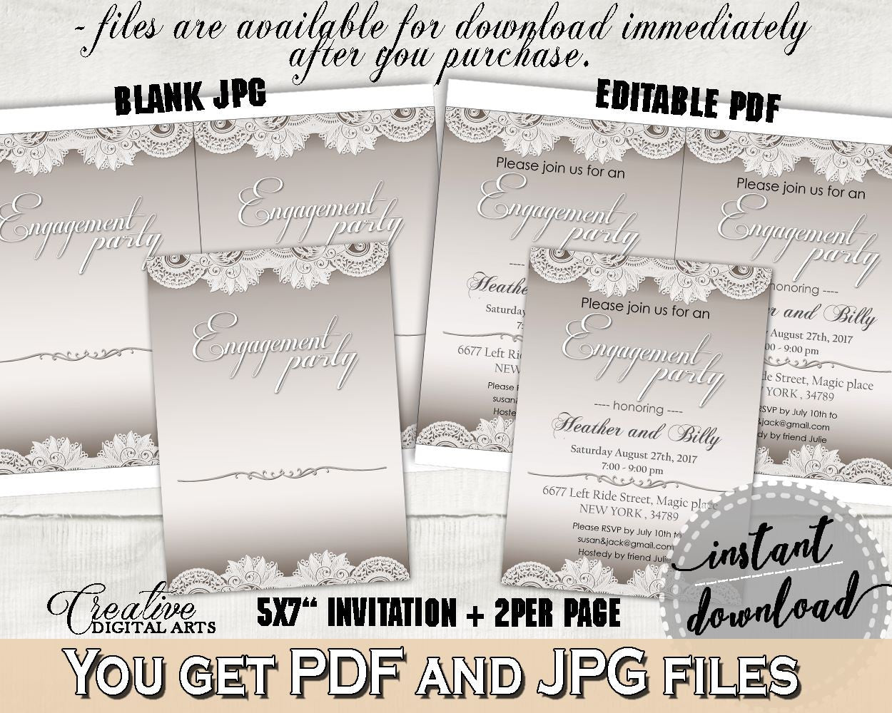 Brown And Silver Traditional Lace Bridal Shower Theme: Engagement Party Invitation Editable - inexpensive shower, party planning - Z2DRE - Digital Product