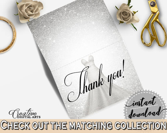 Thank You Card in Silver Wedding Dress Bridal Shower Silver And White Theme, tented card, bridal traditional, party plan, prints - C0CS5 - Digital Product