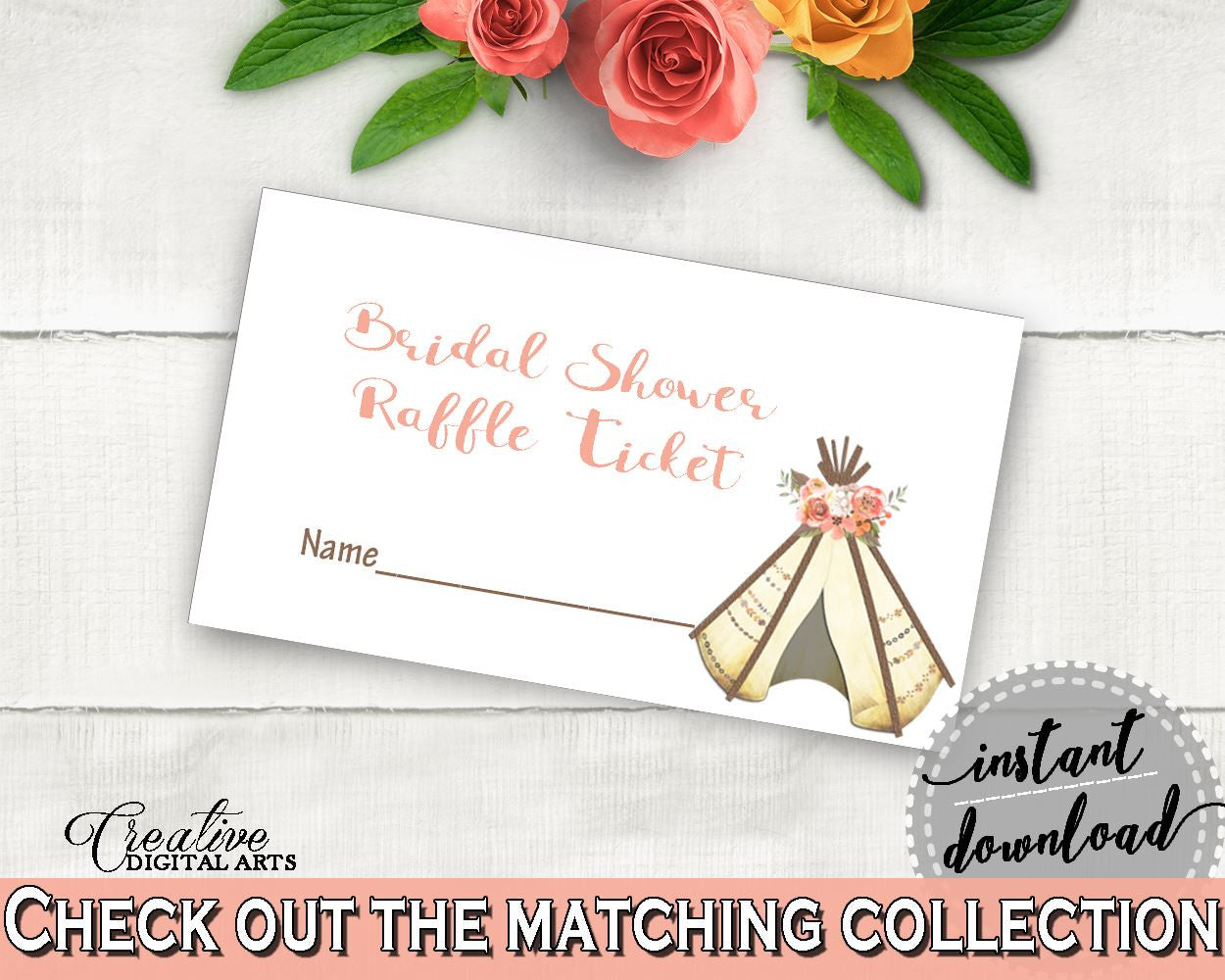 Raffle Ticket Bridal Shower Raffle Ticket Tribal Bridal Shower Raffle Ticket Bridal Shower Tribal Raffle Ticket Pink Brown prints - 9ENSG - Digital Product