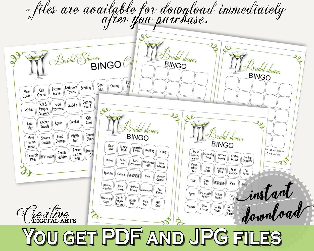 Bingo Bridal Shower Bingo Modern Martini Bridal Shower Bingo Bridal Shower Modern Martini Bingo Green White customizable files ARTAN - Digital Product