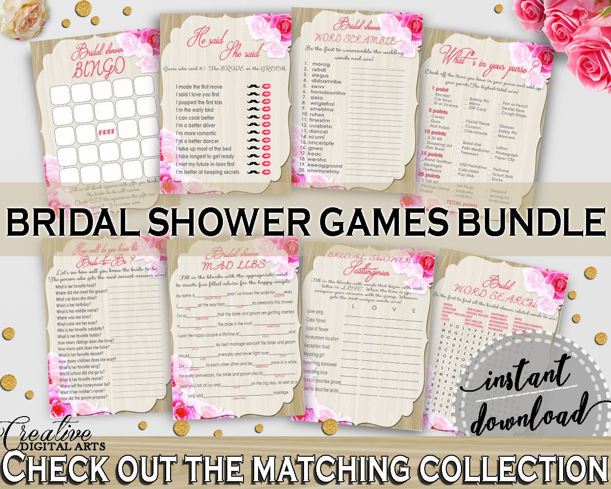 Roses On Wood Bridal Shower Games Bundle in Pink And Beige, games kit, wood and roses, party plan, party planning, party stuff - B9MAI - Digital Product