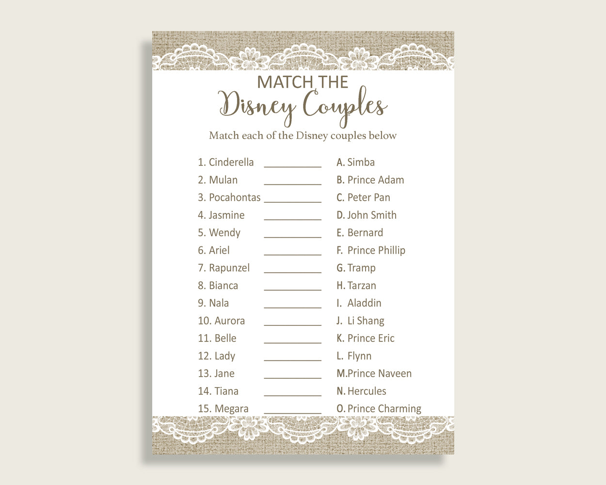 Match The Disney Couples Bridal Shower Match The Disney Couples Burlap And Lace Bridal Shower Match The Disney Couples Bridal Shower NR0BX