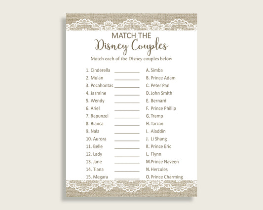 Match The Disney Couples Bridal Shower Match The Disney Couples Burlap And Lace Bridal Shower Match The Disney Couples Bridal Shower NR0BX