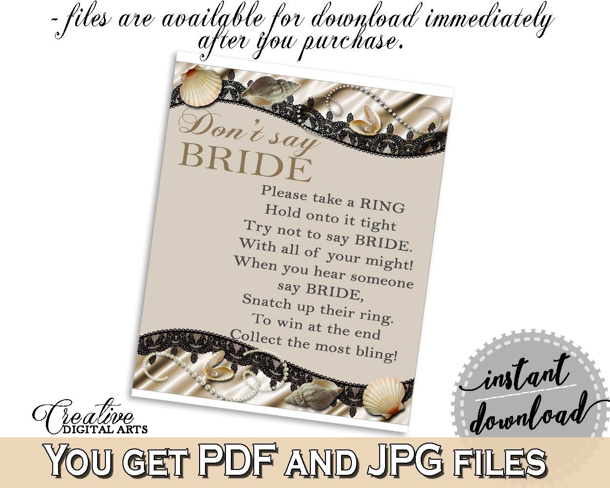 Brown And Beige Seashells And Pearls Bridal Shower Theme: Don't Say Bride - don't say a word, lace shower, party theme, party decor - 65924 - Digital Product