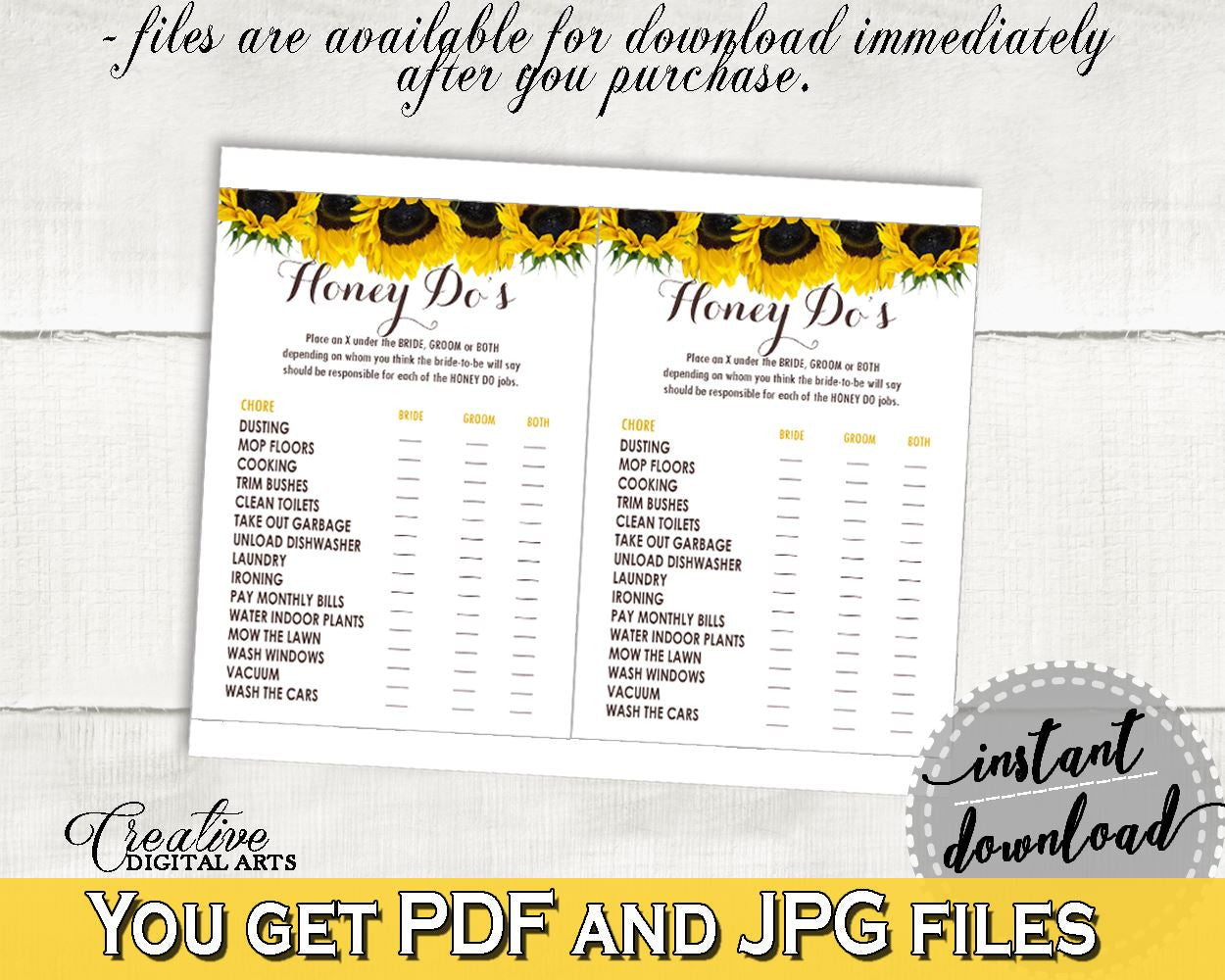 Honey Do List Bridal Shower Honey Do List Sunflower Bridal Shower Honey Do List Bridal Shower Sunflower Honey Do List Yellow White SSNP1 - Digital Product