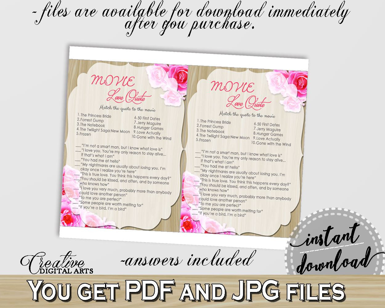 Movie Love Quote Game in Roses On Wood Bridal Shower Pink And Beige Theme, trivia game, wood and roses, party plan, party planning - B9MAI - Digital Product