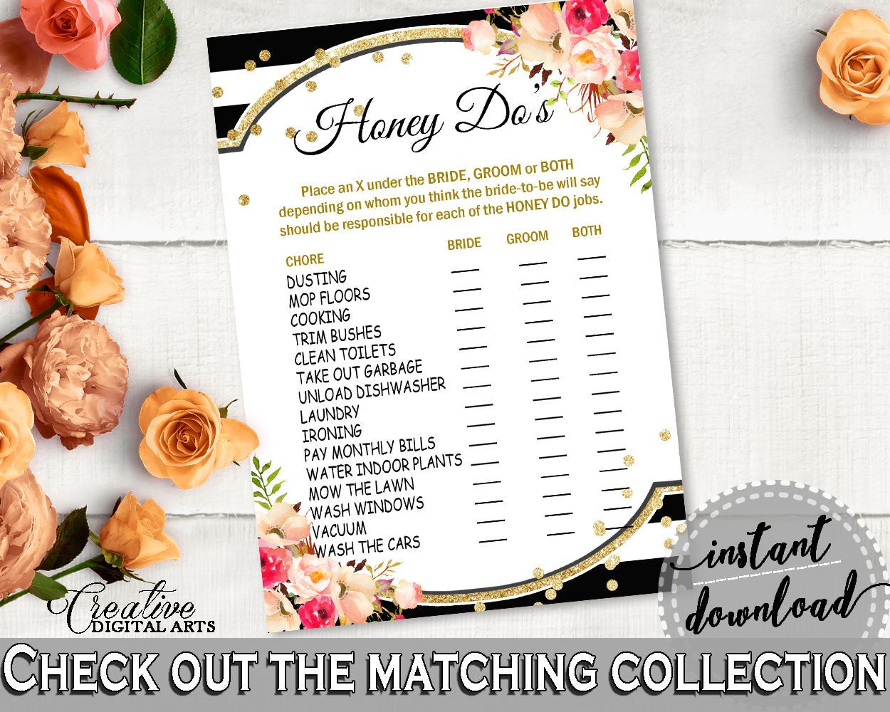 Honey Do List in Flower Bouquet Black Stripes Bridal Shower Black And Gold Theme, beloved game, black and white, shower activity - QMK20 - Digital Product