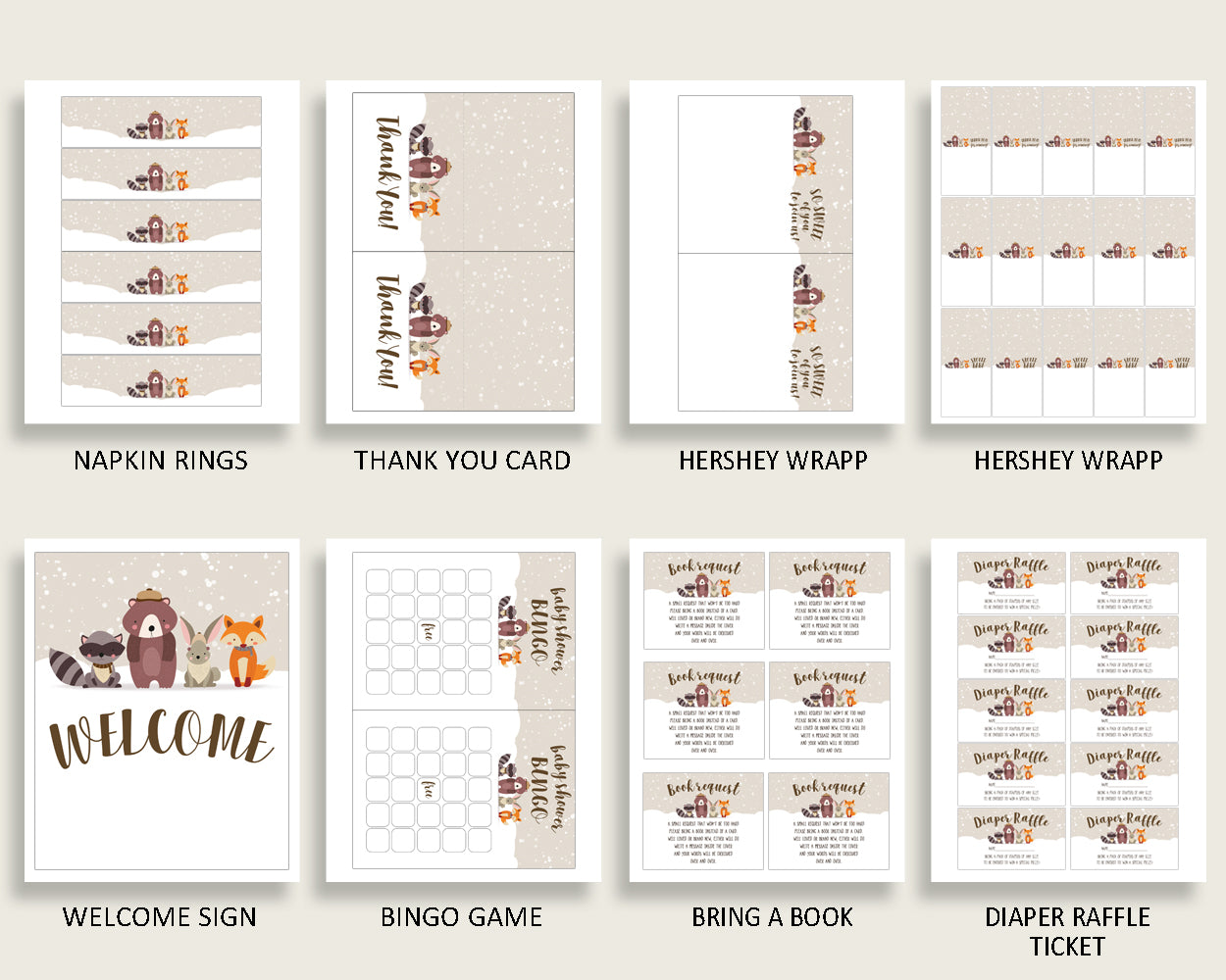 Beige Brown Baby Shower Decorations Gender Neutral Kit, Winter Woodland Baby Shower Party Package Printable, Instant Download, RM4SN