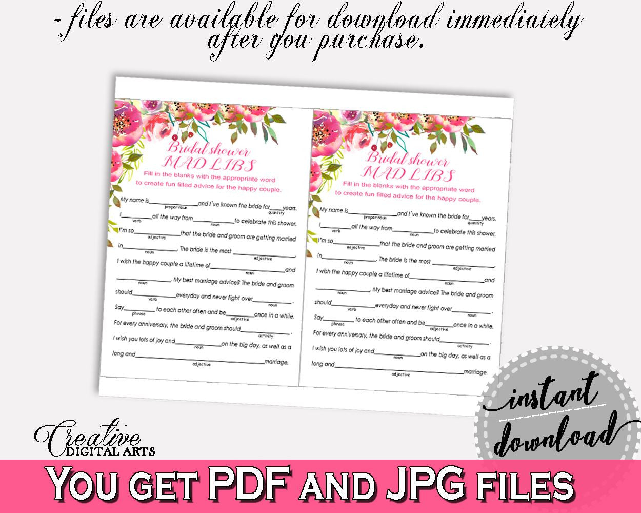 Mad Libs Bridal Shower Mad Libs Spring Flowers Bridal Shower Mad Libs Bridal Shower Spring Flowers Mad Libs Pink Green pdf jpg - UY5IG - Digital Product