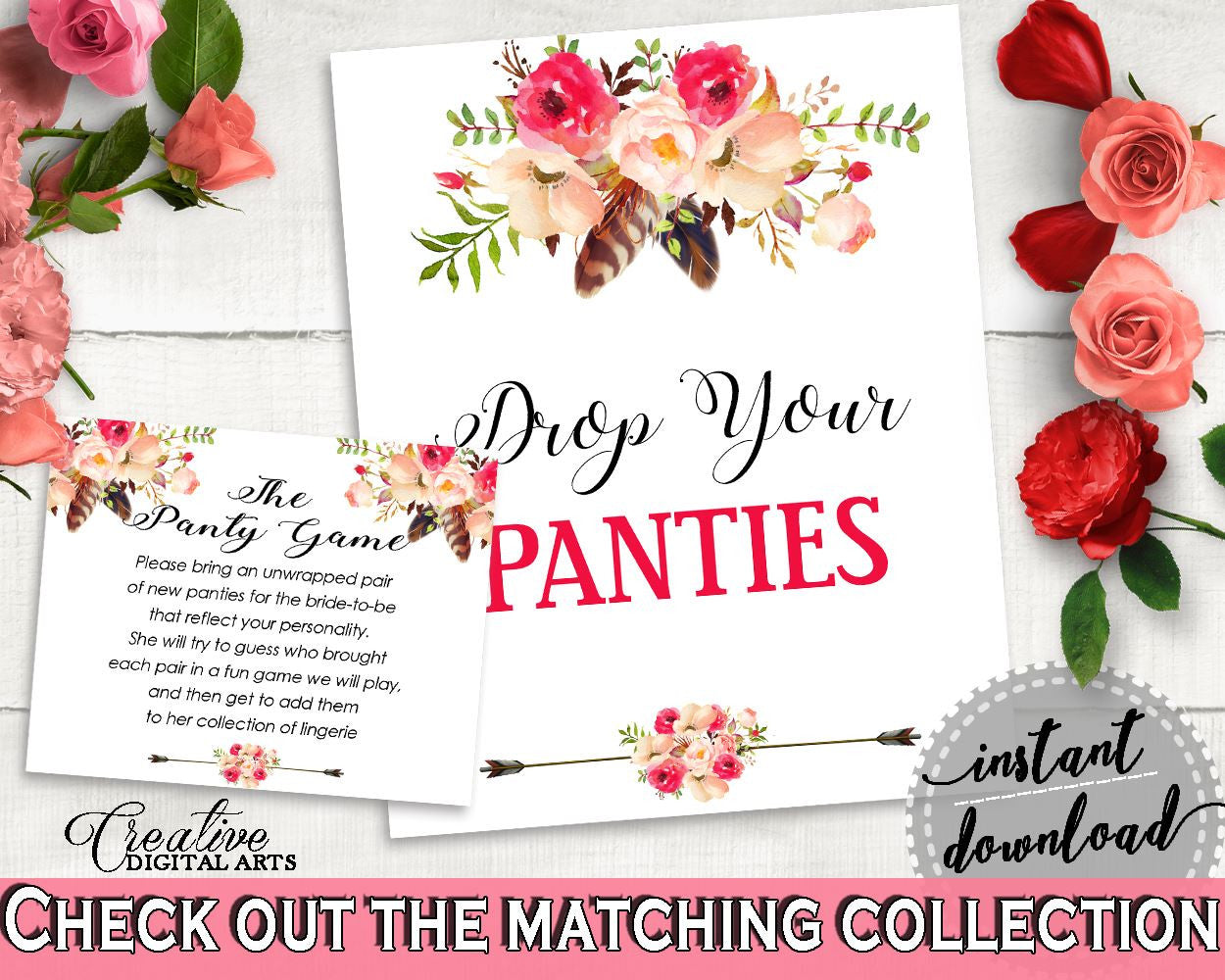 Bohemian Flowers Bridal Shower Drop Your Panties in Pink And Red, underwear game, feathers theme, party organizing, party plan - 06D7T - Digital Product