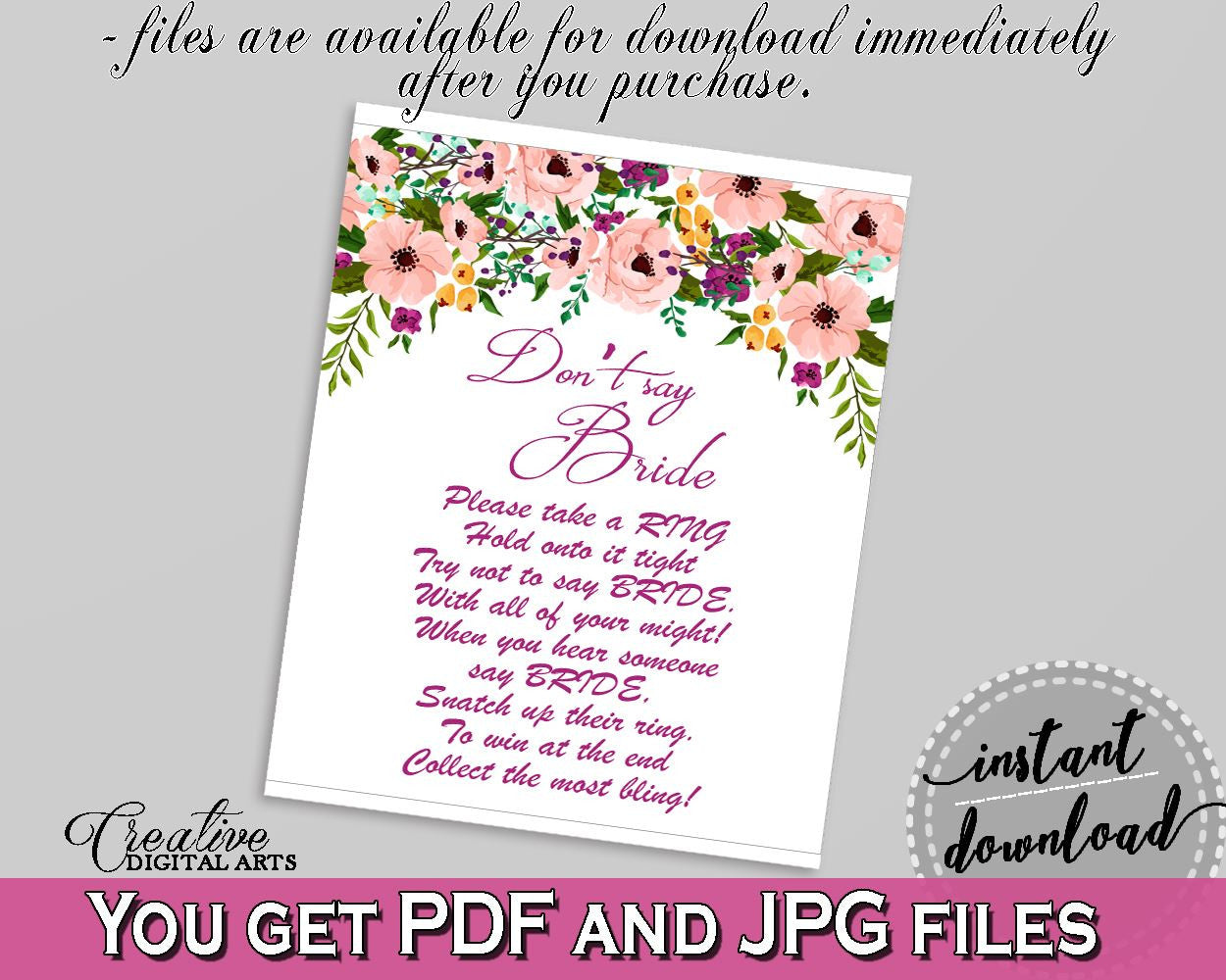 Don't Say Bride in Watercolor Flowers Bridal Shower White And Pink Theme, popular bridal game, flowers theme, party plan, prints - 9GOY4 - Digital Product