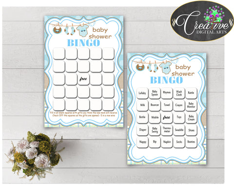 Baby Shower BINGO 60 cards game and empty gift BINGO cards with blue clothesline and blue color theme printable, instant download - bc001