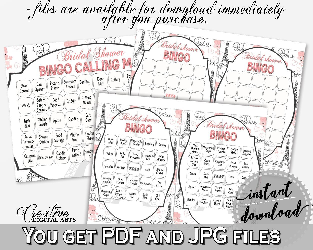 Paris Bridal Shower Bingo 60 Cards in Pink And Gray, filled bingo, city of light, party plan, party planning, party stuff, prints - NJAL9 - Digital Product