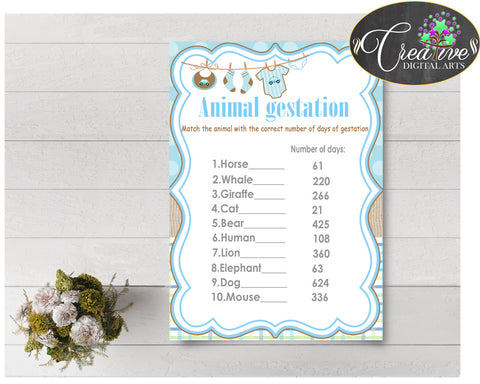 Baby Shower ANIMAL GESTATION game with boy clothesline and blue color theme printable, digital files, Jpg and Pdf, instant download - bc001