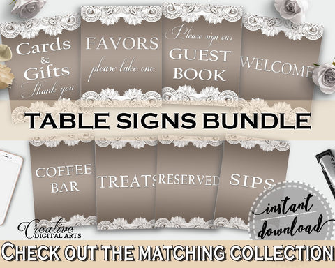 Table Signs Bundle in Traditional Lace Bridal Shower Brown And Silver Theme, table signs pack, silver lace theme, digital print - Z2DRE - Digital Product