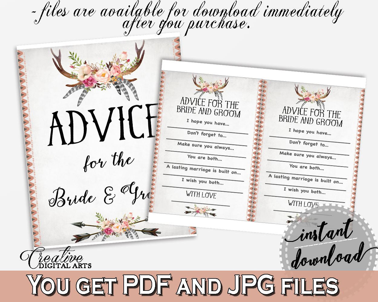 Antlers Flowers Bohemian Bridal Shower Advice For The Bride And Groom in Gray and Pink, newlyweds advice, pdf jpg, printables - MVR4R - Digital Product