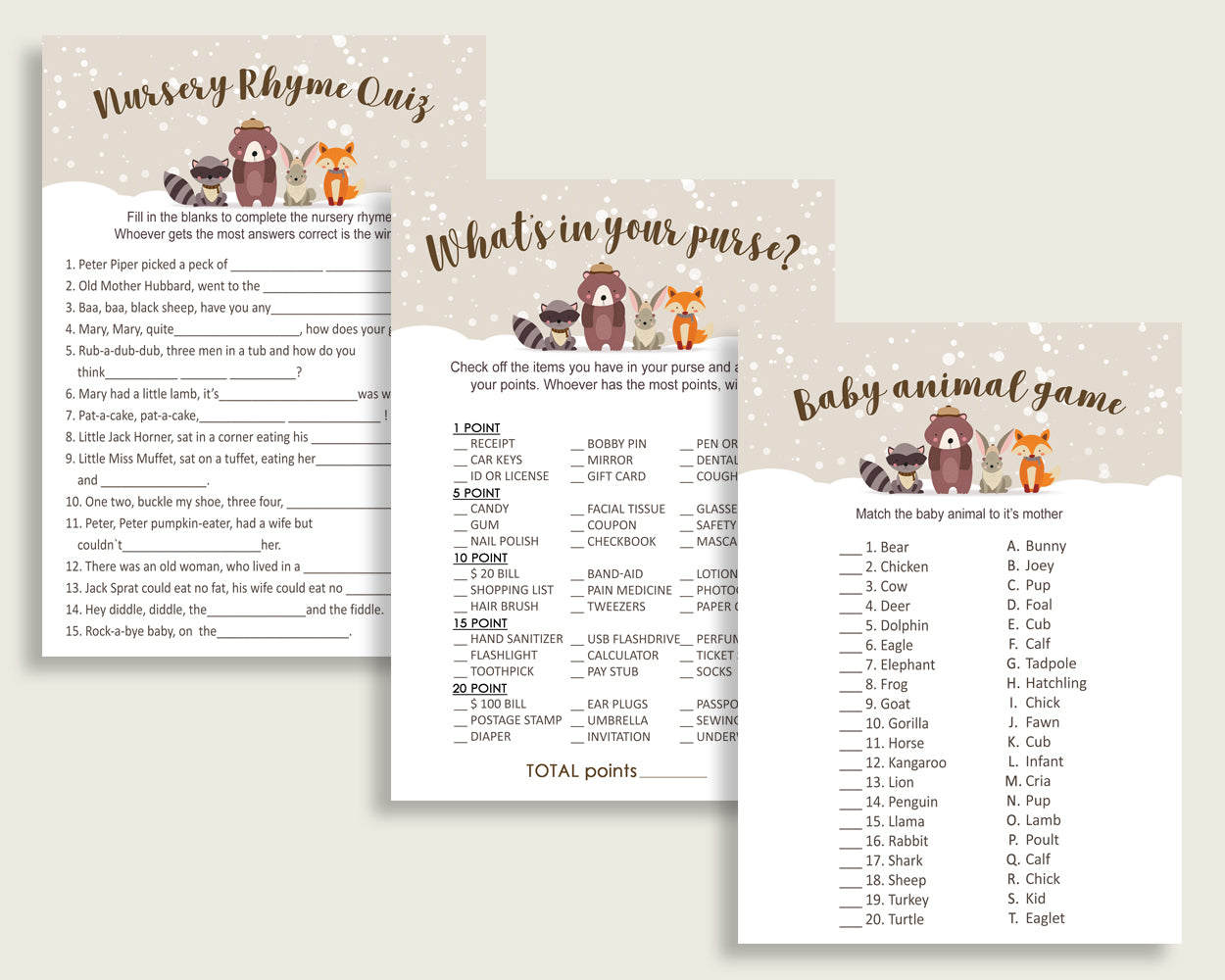 Winter Woodland Baby Shower Games Printable Pack, Beige Brown Baby Shower Games Package Gender Neutral, Winter Woodland Games Bundle RM4SN