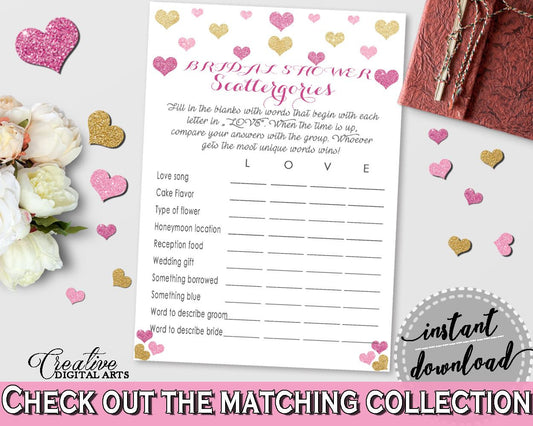 Gold And Pink Glitter Hearts Bridal Shower Theme: Scattergories Game - burgundy game,  bridal affection, party decorations, prints - WEE0X - Digital Product