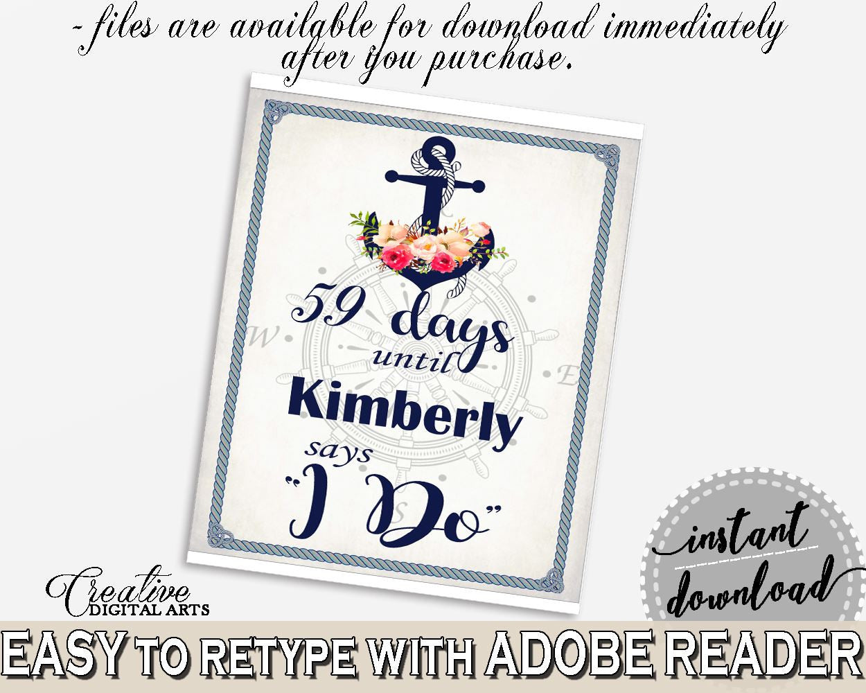 Days Until I Do in Nautical Anchor Flowers Bridal Shower Navy Blue Theme, bridal countdown, bridal shower style, party stuff, prints - 87BSZ - Digital Product