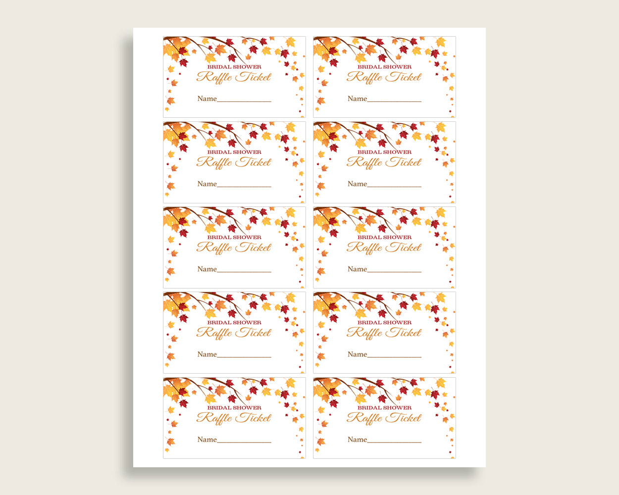 Raffle Ticket Bridal Shower Raffle Ticket Fall Bridal Shower Raffle Ticket Bridal Shower Autumn Raffle Ticket Brown Yellow prints YCZ2S