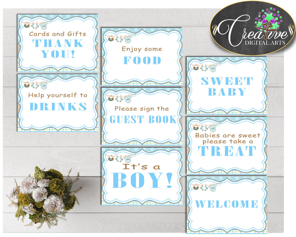 Baby shower TABLE SIGNS decoration printable with blue baby clothes and blue color theme, instant download - bc001