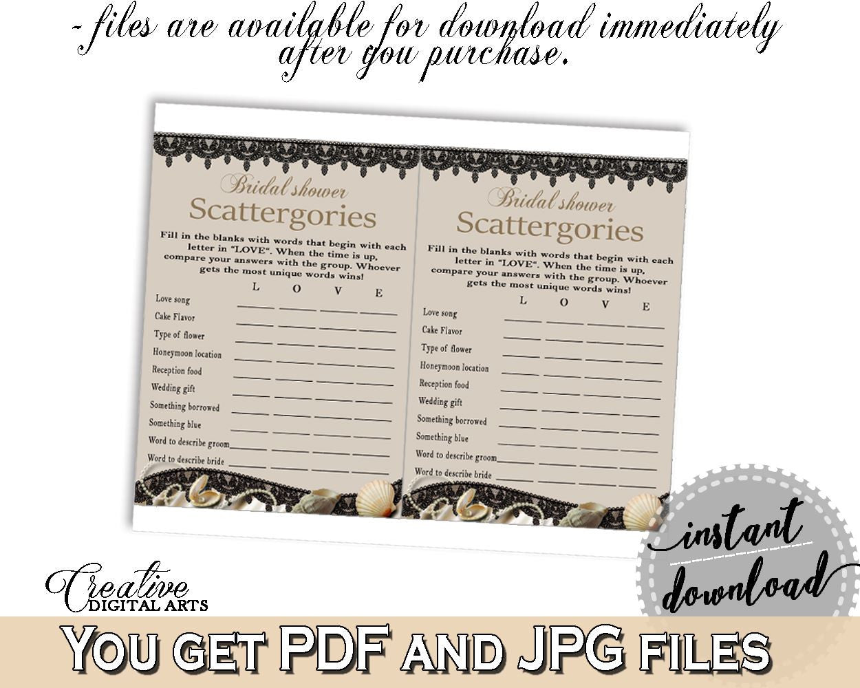 Brown And Beige Seashells And Pearls Bridal Shower Theme: Scattergories Game - bride scattergories, seashells shower, party theme - 65924 - Digital Product