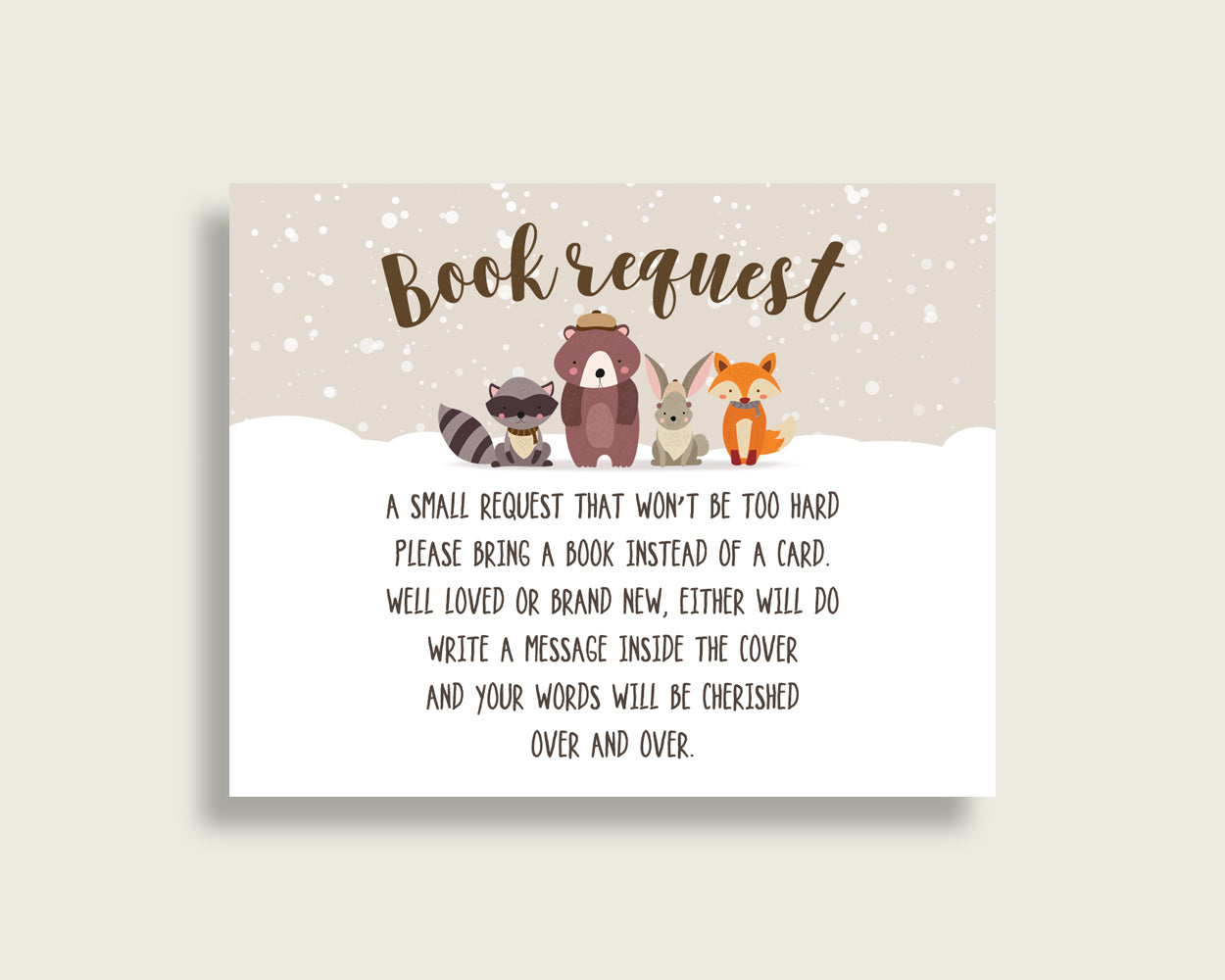 Winter Woodland Baby Shower Bring A Book Insert Printable, Gender Neutral Beige Brown Book Request, Winter Woodland Books For Baby RM4SN