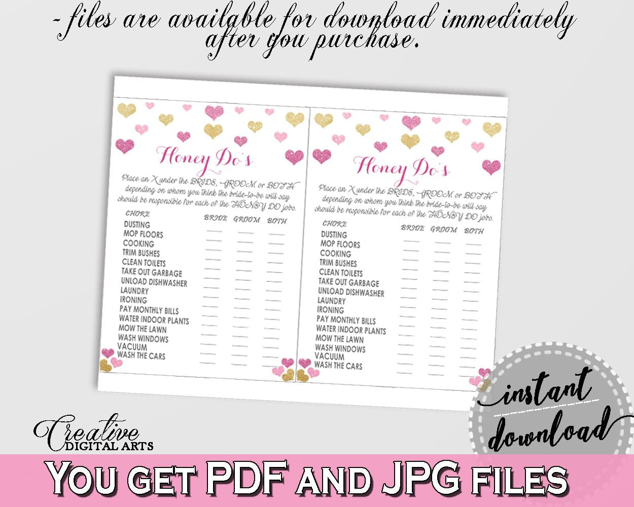 Glitter Hearts Bridal Shower Honey Do List in Gold And Pink, honey do game,  purple and gold, printables, prints, digital print - WEE0X - Digital Product