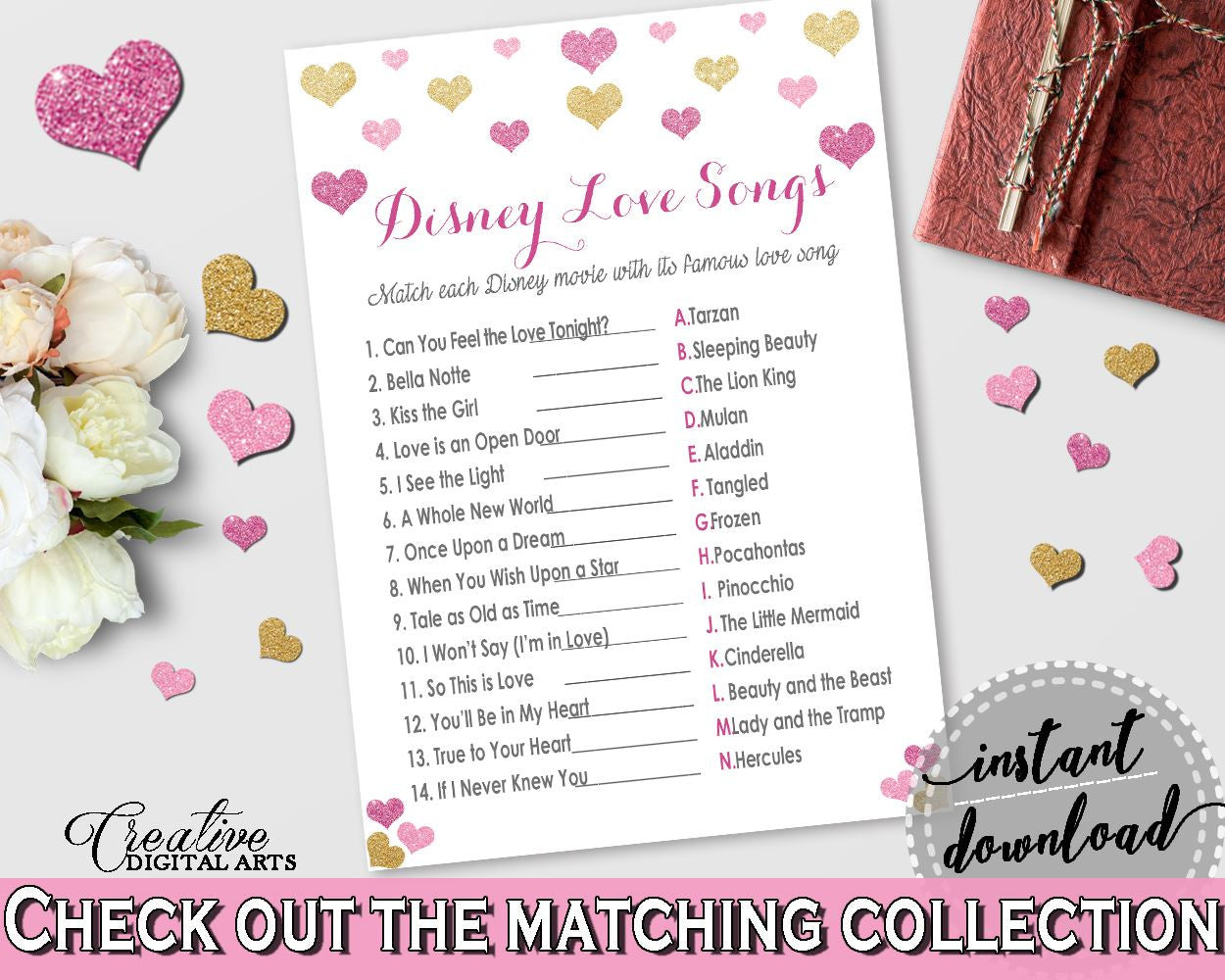 Glitter Hearts Bridal Shower Disney Love Songs Game in Gold And Pink, disney couple game,  valentine theme, party organizing, prints - WEE0X - Digital Product