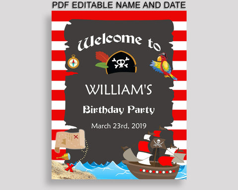 Boy Welcome Birthday Sign Pirate Decoration Sign Red Black Printable Pirate Welcome Sign INGIO