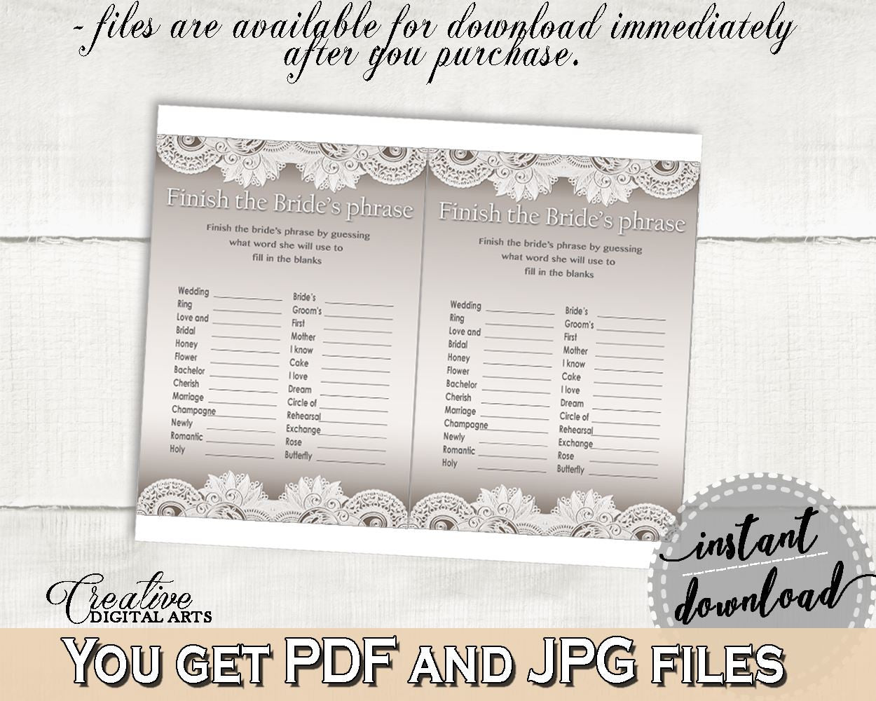 Finish The Bride's Phrase Game in Traditional Lace Bridal Shower Brown And Silver Theme, prize games, blush shower, printable files - Z2DRE - Digital Product