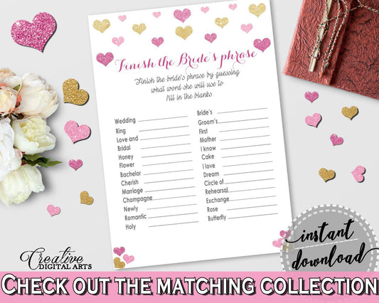 Gold And Pink Glitter Hearts Bridal Shower Theme: Finish The Bride's Phrase Game - finalize the phrase,  stylish bridal shower,  - WEE0X - Digital Product