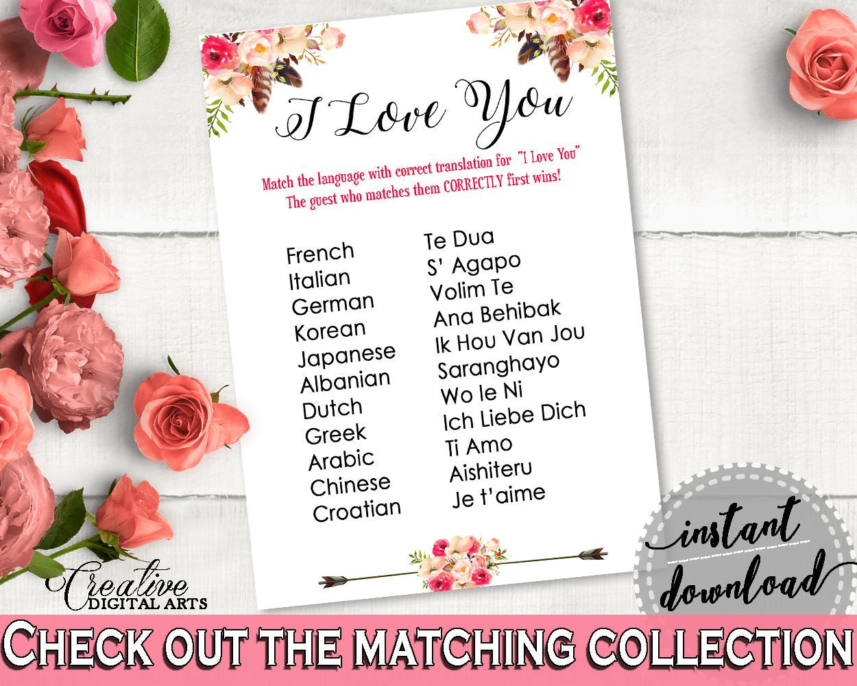 Bohemian Flowers Bridal Shower I Love You Game in Pink And Red, how to say, floral boho, digital print, party supplies, prints - 06D7T - Digital Product