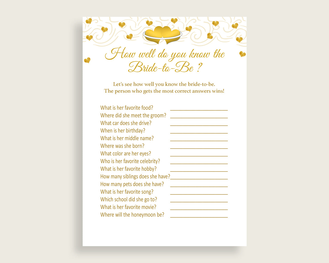 How Well Do You Know The Bride To Be Bridal Shower How Well Do You Know The Bride To Be Gold Hearts Bridal Shower How Well Do You Know 6GQOT