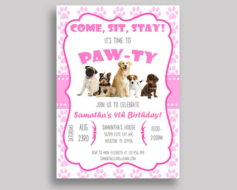 Puppy Birthday Invitation Puppy Birthday Party Invitation Puppy Birthday Party Puppy Invitation Girl dogs invite, pink white invite V6H05 - Digital Product