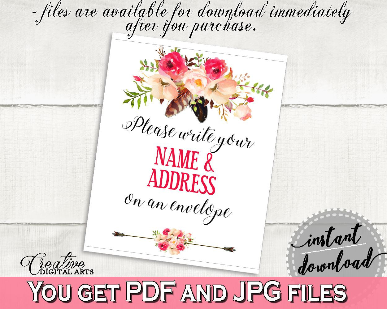 Pink And Red Bohemian Flowers Bridal Shower Theme: Write Your Name And Address Sign - lettermate, stylish bridal, party planning - 06D7T - Digital Product