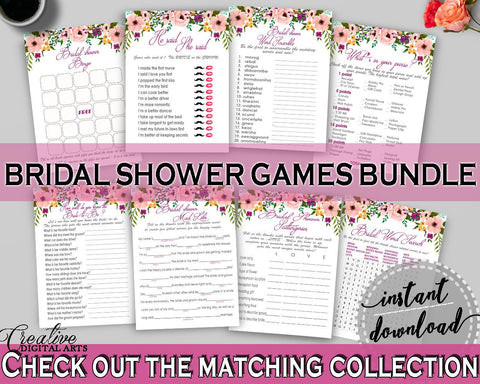 White And Pink Watercolor Flowers Bridal Shower Theme: Games Bundle - word scramble, pink floral bridal, party decorations, prints - 9GOY4 - Digital Product